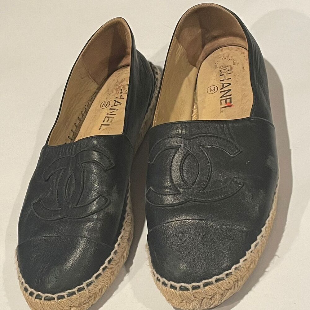 Chanel Black Leather Espadrilles Women's Casual Flats Size 41